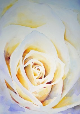 Aquarellbild dreier Primeln in expressiven Gelb- und Grüntönen